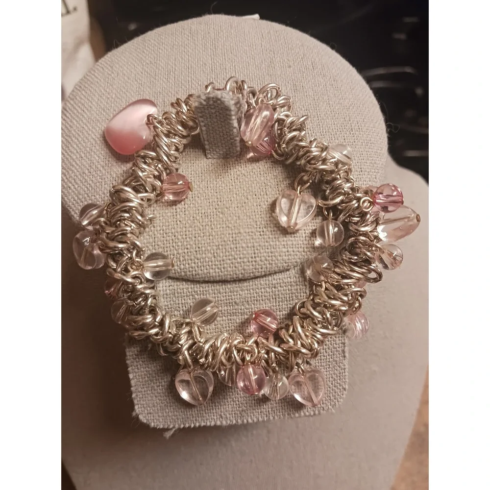 Silvertone Pink Heart Glass Bead Chunky Chain Link Stretch Bracelet Y2K Coquette